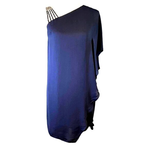 Halston Heritage NWT Navy Chiffon Sheath Dress Beaded Strap Sz 2 Mother of Bride - Picture 1 of 9